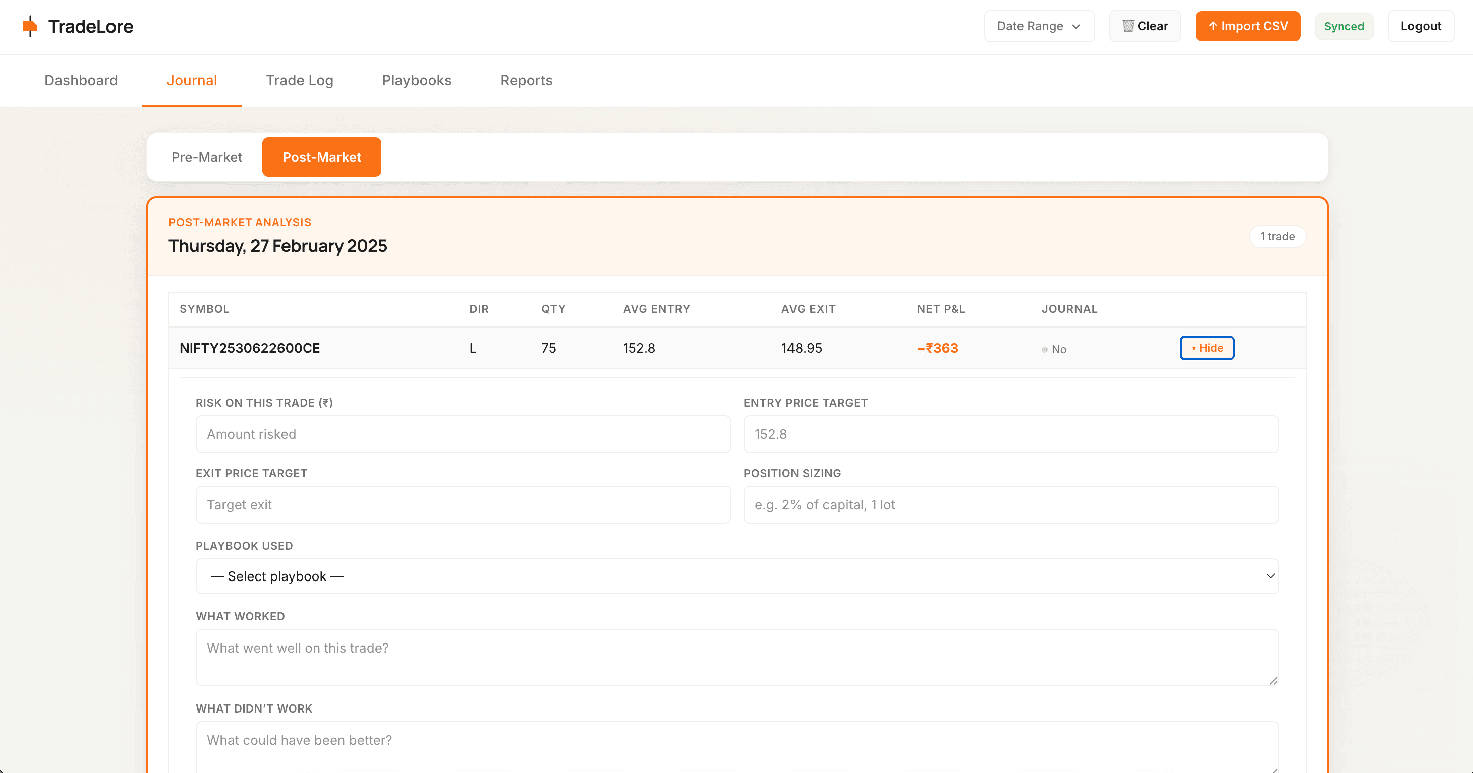 TradeLore journal screen