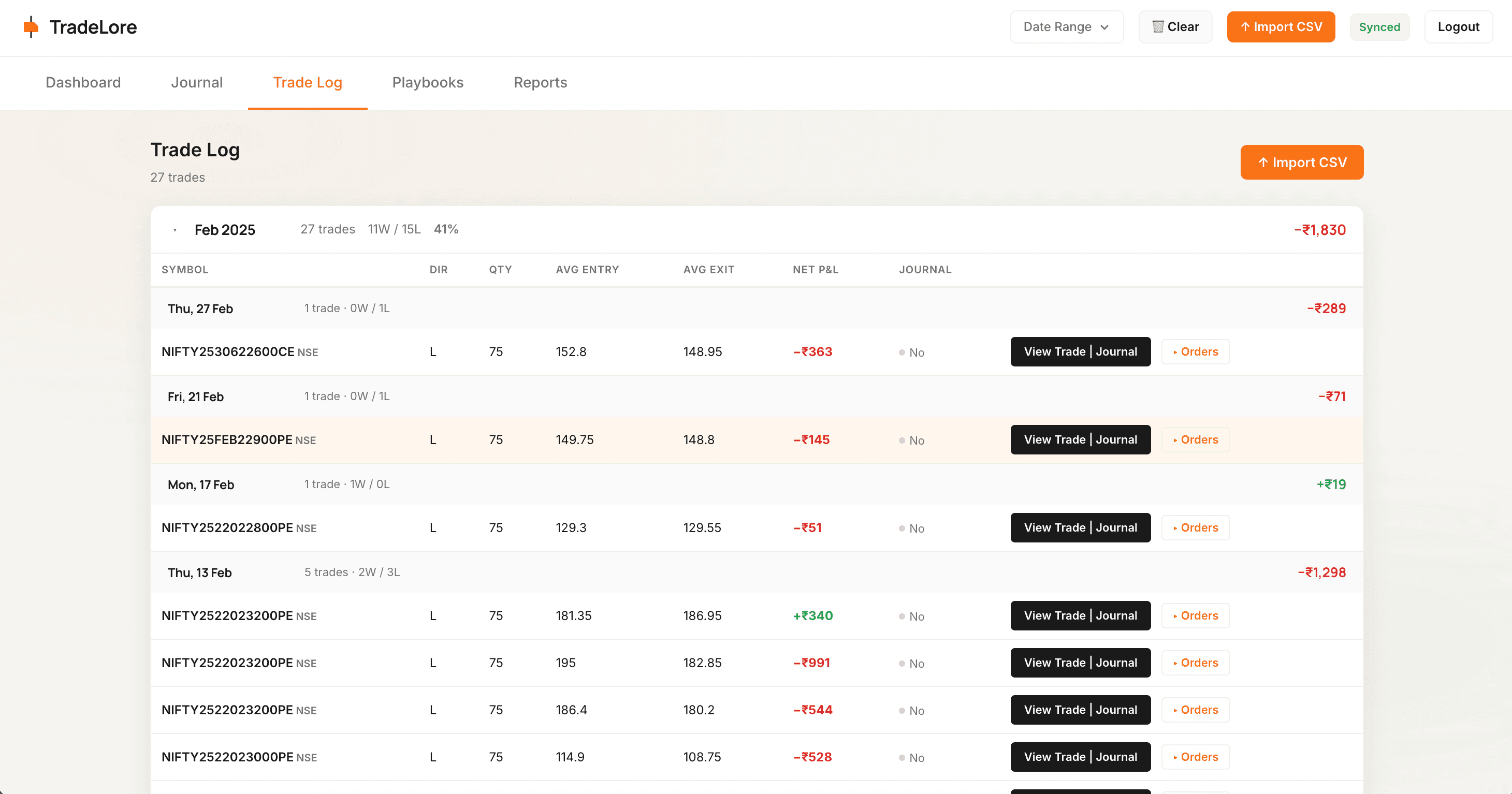 TradeLore trade log screen